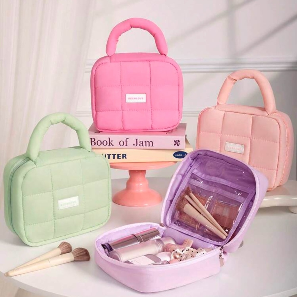 Waterproof Puffy Zip-Around Makeup Storage Bag in Lavender